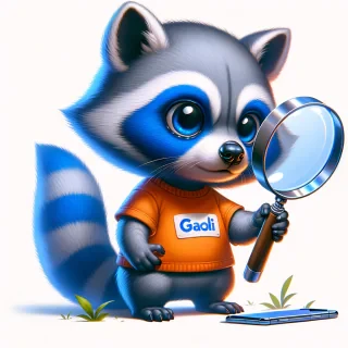 crea la imagen SEMI REALISTA de un mapache INFANTE de color azul, que es muy curioso y  con una lupa observando TELEFONOS CELULAR observando al mundo a travez de su lupa y motivado por su curiosidad y deseo de saber con una camisa color naranja con la palabra "GALI"