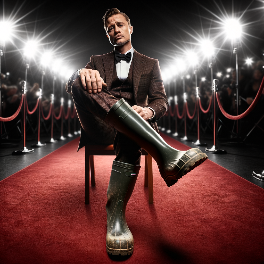 classy movie start on red carpet, wearing dirt wellies