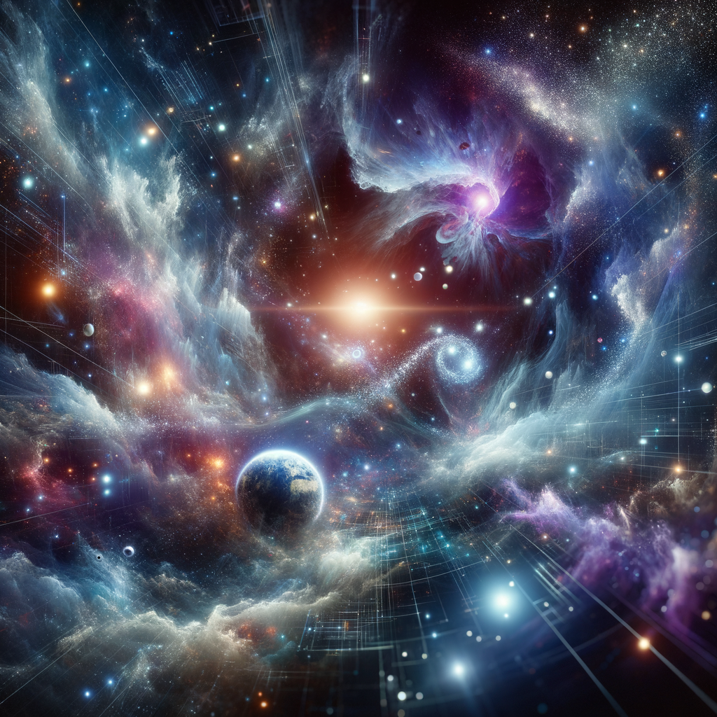 Una visión futurista y abstracta del universo, inmensa y sobrecogedora, donde un sistema solar diminuto y detallado flota como un punto insignificante entre vastas galaxias, nebulosas arremolinadas y cúmulos estelares brillantes. El espacio está impregnado de líneas de código digital translúcidas y luminosas que serpentean entre las estrellas, como si el universo mismo estuviera programado por una inteligencia superior. Tonos profundos de azul cósmico, púrpura majestuoso y destellos de blanco estelar dominan la paleta, con un estilo visual que fusiona tecnología y arte: detalles nítidos de ciencia ficción, texturas etéreas y un brillo futurista. La composición evoca grandeza y misterio, invitando a reflexionar sobre la creación y la imaginación en la era de la IA. Resolución ultra alta, iluminación dramática, perspectiva expansiva.